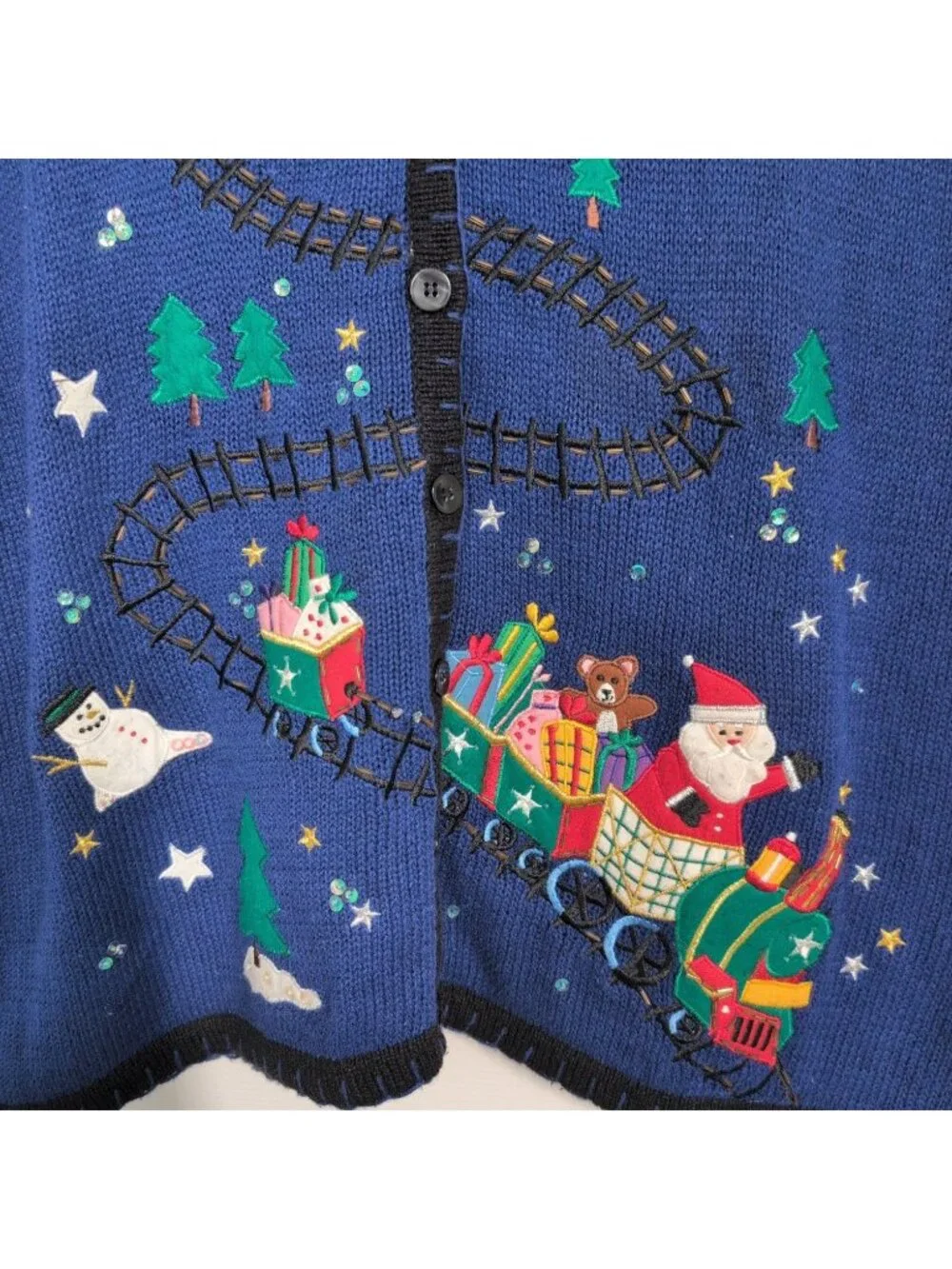 Vintage Santa Train Sweater Vest Womens Size 26/28W Blue Ugly Christmas Holiday